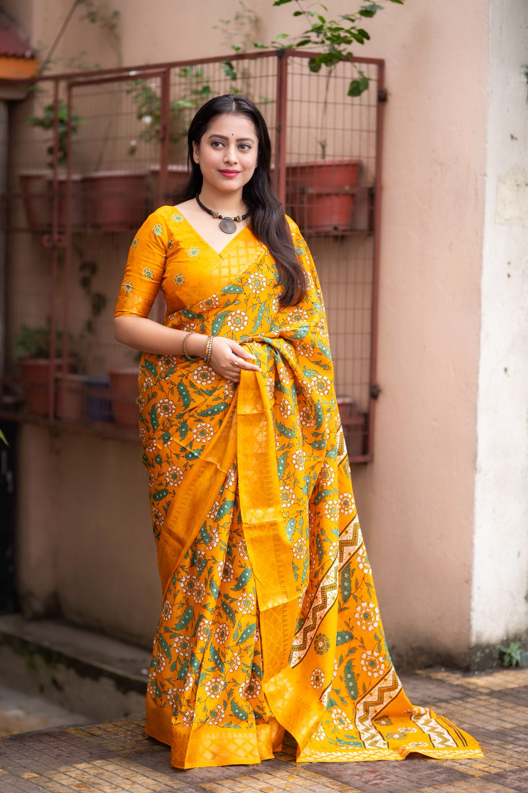 Mustard Yellow Handloom Kalamkari Soft Silk Saree